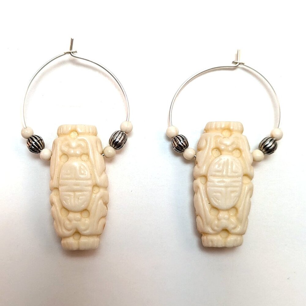Vintage 90s Faux Bone Dragon Longevity Shou Hoop Earrings Boho Grunge Zen Hoops